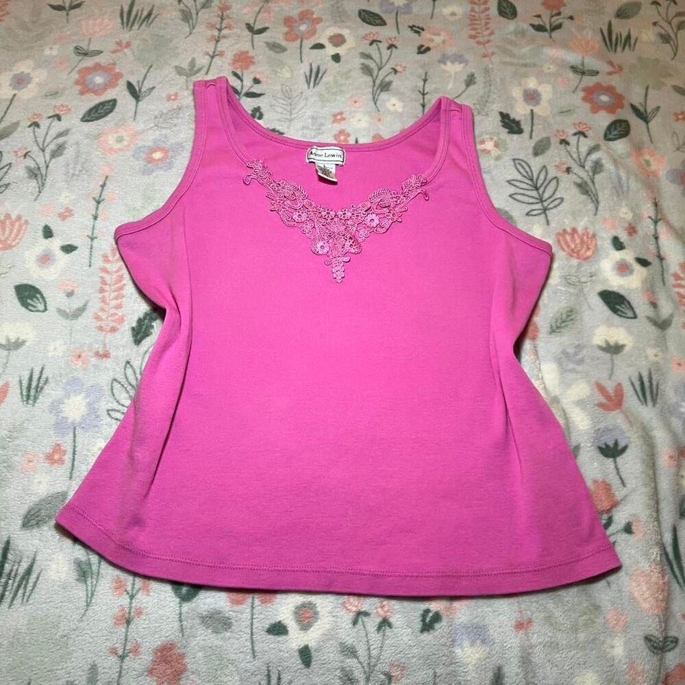Vintage 90s Y2K Anne Lewin Pink Lace Tank Top L Fairy Coquette Retro Festival